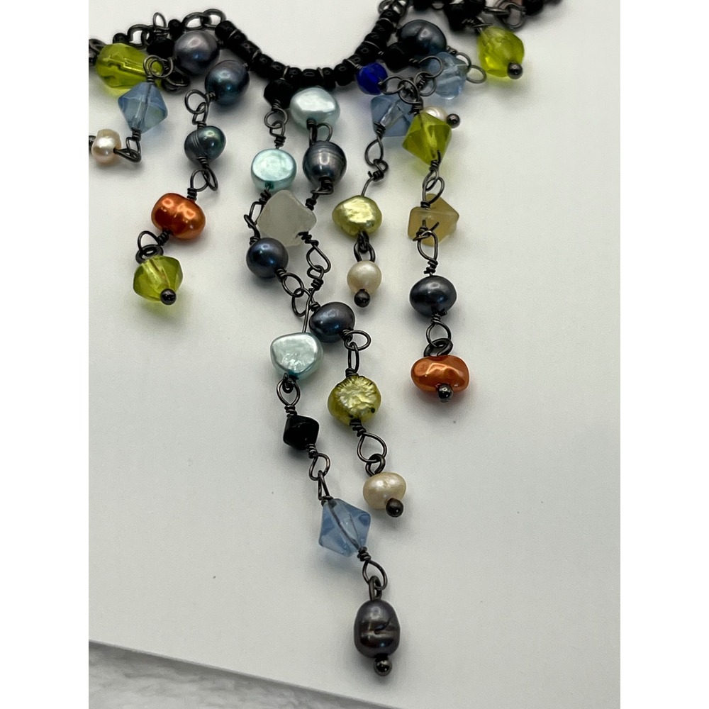 Lia Sophia Multi Color Bead Pearl Waterfall Bib Necklace Gunmetal Tone Chain